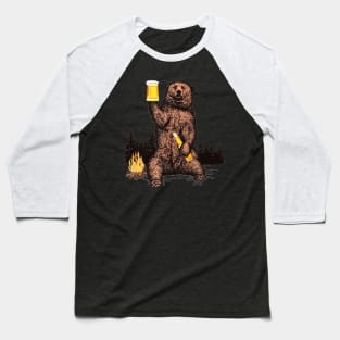 Bear Drinking Beer Camp Fire Woods Outdoor Funny Grizzly Baseball T-Shirt